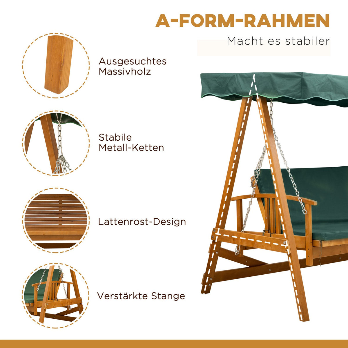 Hollywood Swing With Sun Canopy Real Wood Garden Swing Swing Bench Swing With Reclining Function Made Of Fir Wood For 3 People Green