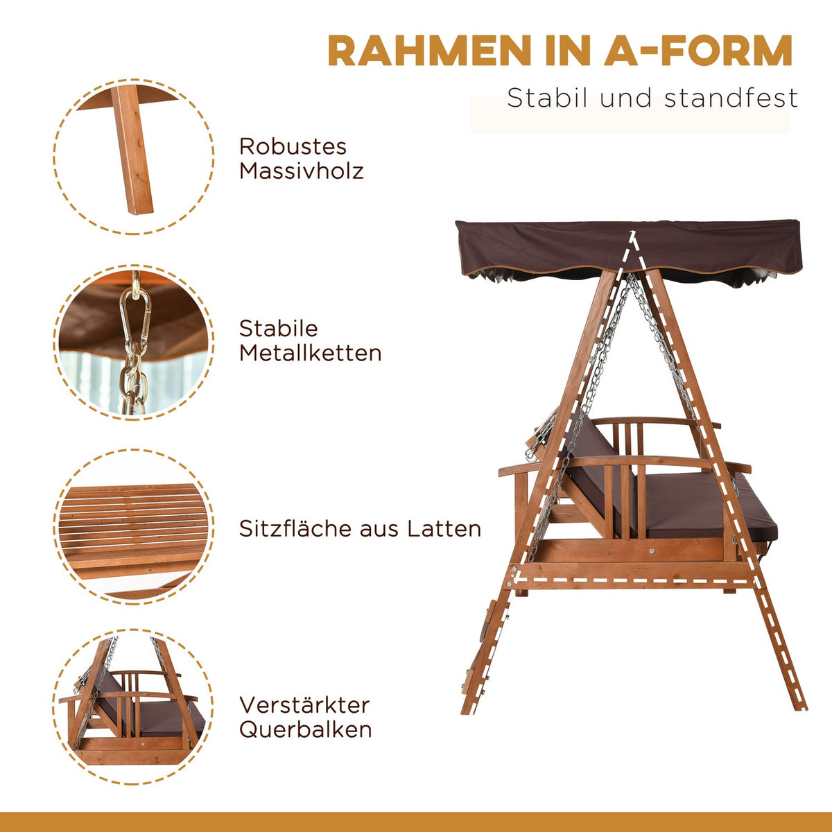 Hollywood Swing With Sun Roof, Real Wood Garden Swing, Swing Bench, Swing With Reclining Function Made Of Fir Wood For 3 People, Brown