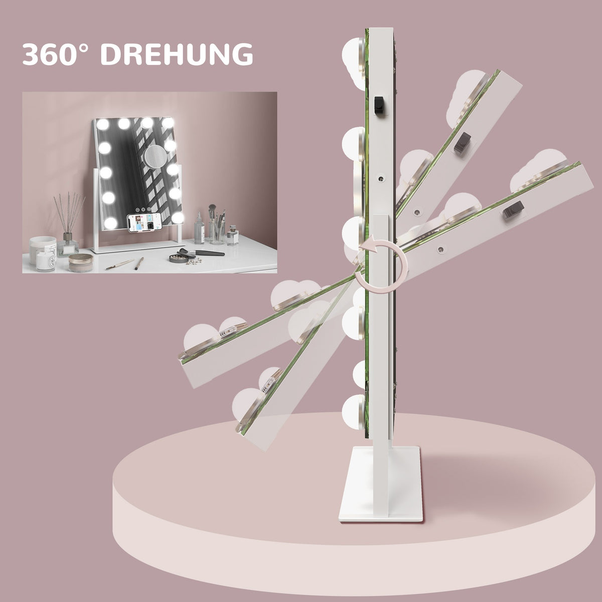 Hollywood mirror with lighting, 12 LED, 37 x 46 cm, 3 light colors, 10X magnification, 360° rotatable, USB charging port, white
