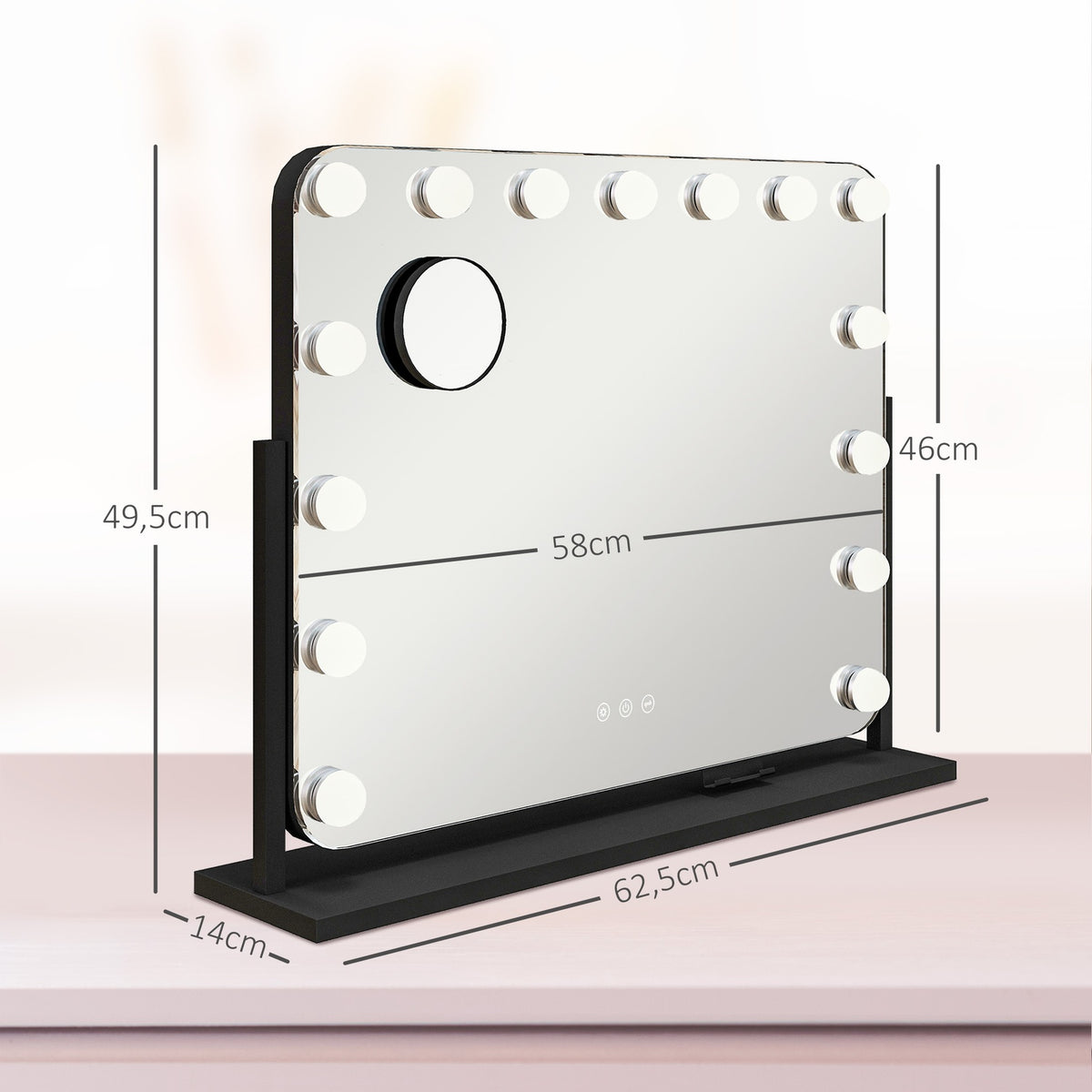 Hollywood mirror with lighting, 15 LED, 62.5x49.5cm, 3 modes, 10X magnification, 360° rotatable, mobile phone holder, portable, black