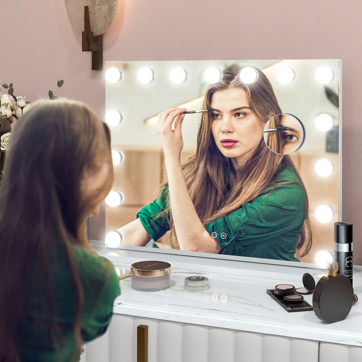 Hollywood mirror with lighting 58x48cm 15 LED 3 light modes 10X magnification portable touch switch USB charging port white |.de
