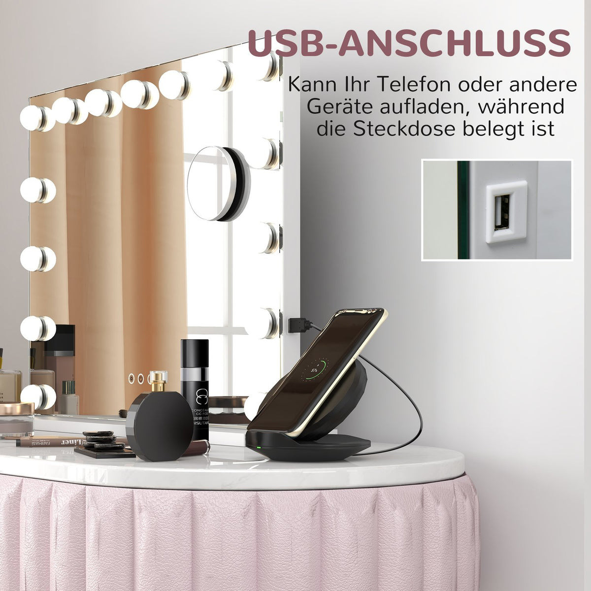 Hollywood mirror with lighting 58x48cm 15 LED 3 light modes 10X magnification portable touch switch USB charging port white |.de