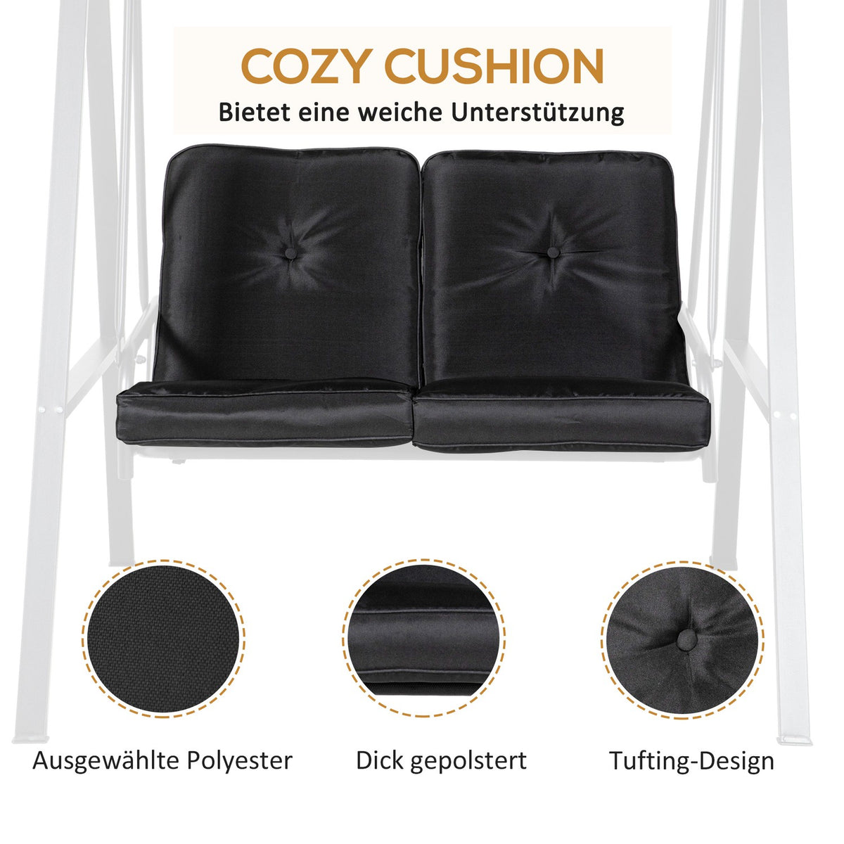 Hollywood swing, 2-seater garden swing with adjustable roof, cushion, swing bench, load capacity up to 220 kg, for garden, balcony, black, 145 x 116 x 172 cm