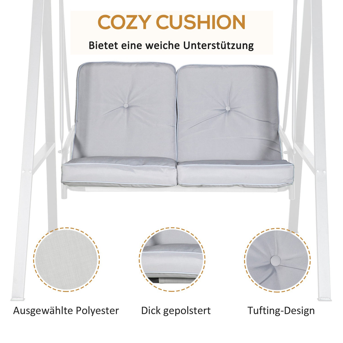 Hollywood swing, 2-seater garden swing with adjustable roof, cushion, swing bench, load capacity up to 220 kg, for garden, balcony, grey, 145 x 116 x 172 cm