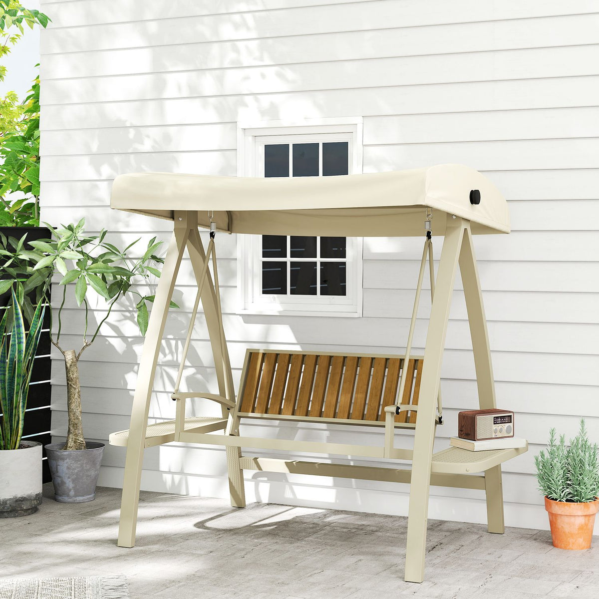 Hollywood swing 2-seater garden swing with adjustable sun canopy, side table, swing bench, load capacity up to 240kg, for garden, terrace, 200 x 120 x 190cm, beige |