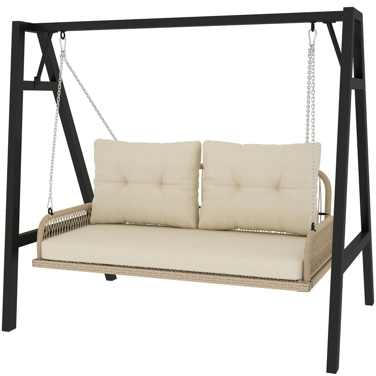 Hollywood swing 2-seater rattan garden swing with cushions chains hanging bench can hold up to 240 kg hanging swing swing bench garden bench for garden balcony 115 x 66 x 44 cm beige