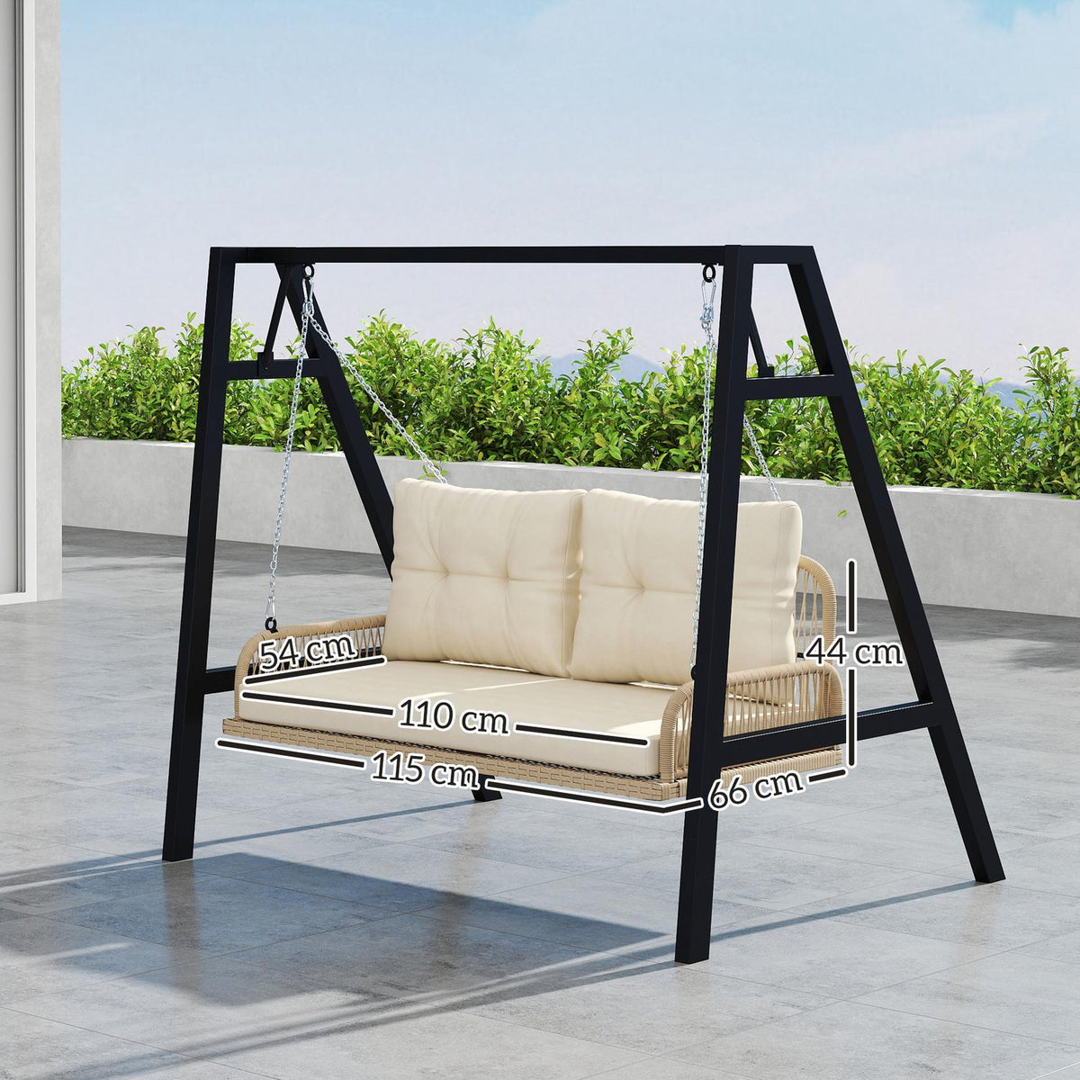 Hollywood swing 2-seater rattan garden swing with cushions chains hanging bench can hold up to 240 kg hanging swing swing bench garden bench for garden balcony 115 x 66 x 44 cm beige