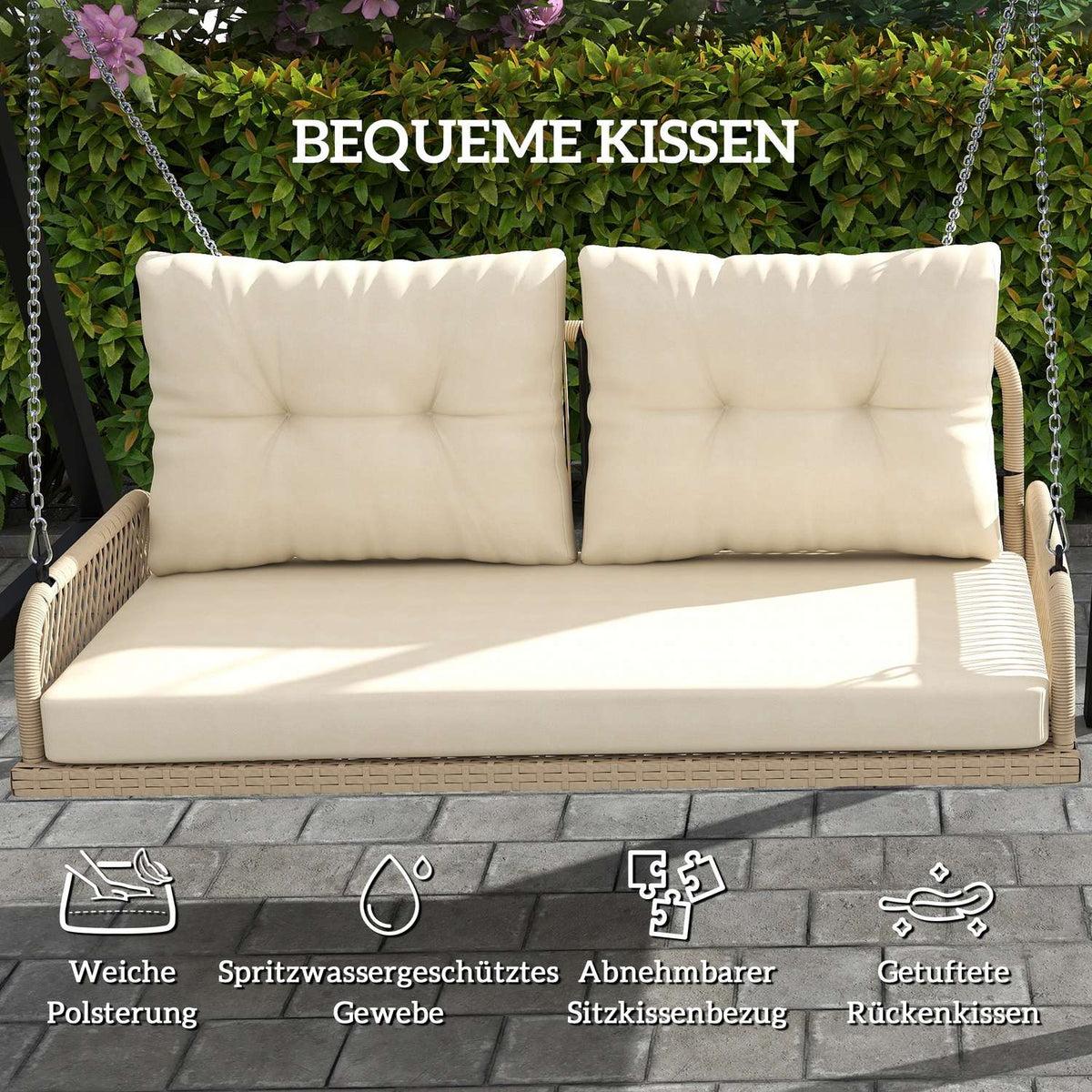 Hollywood swing 2-seater rattan garden swing with cushions chains hanging bench can hold up to 240 kg hanging swing swing bench garden bench for garden balcony 115 x 66 x 44 cm beige