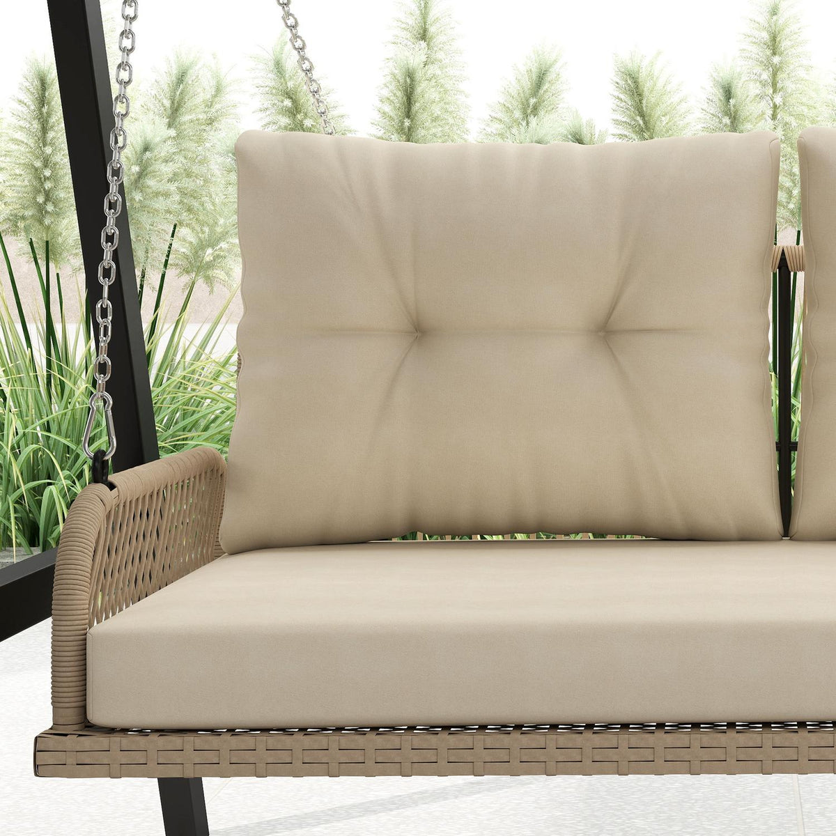 Hollywood swing 2-seater rattan garden swing with cushions chains hanging bench can hold up to 240 kg hanging swing swing bench garden bench for garden balcony 115 x 66 x 44 cm beige