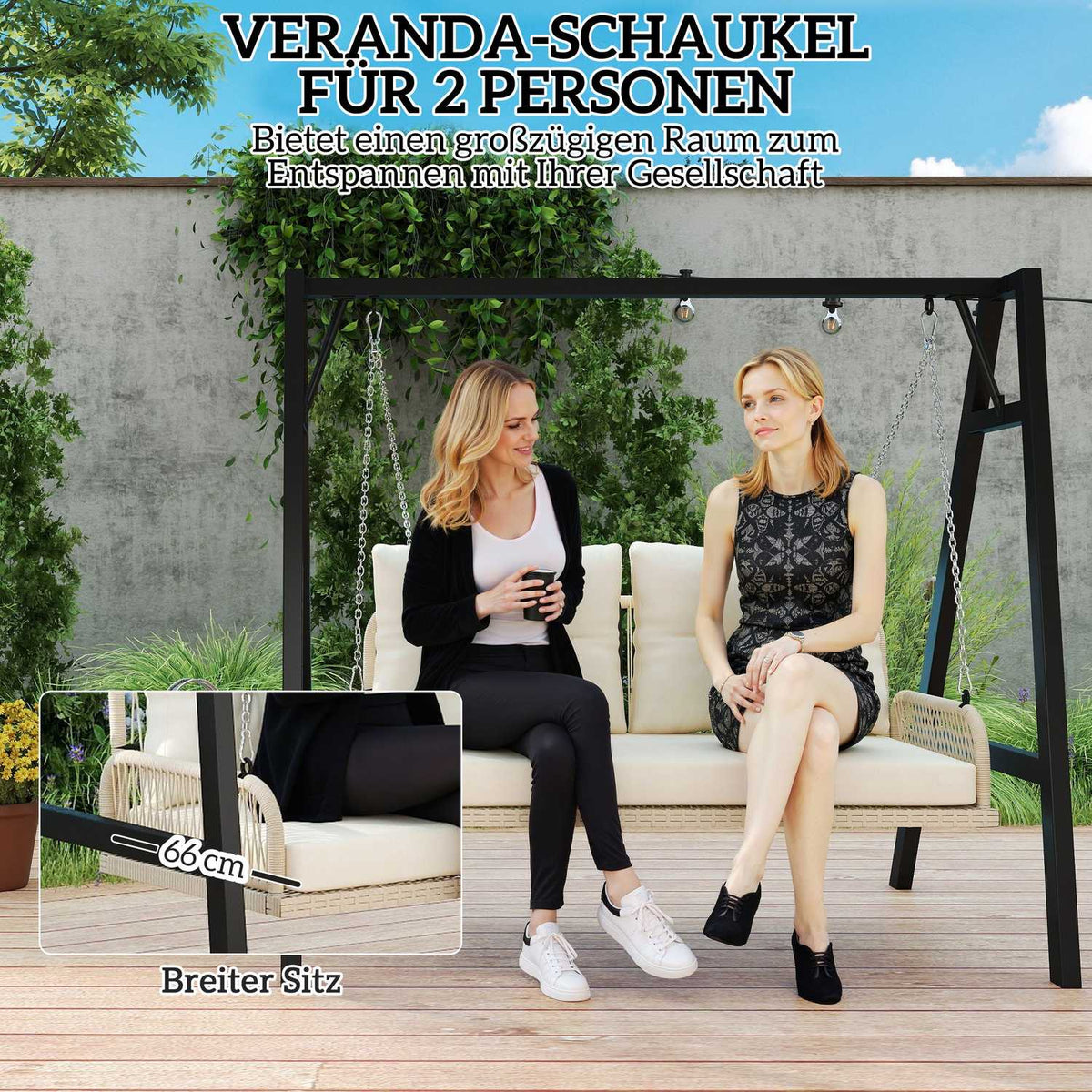Hollywood swing 2-seater rattan garden swing with cushions chains hanging bench can hold up to 240 kg hanging swing swing bench garden bench for garden balcony 115 x 66 x 44 cm beige