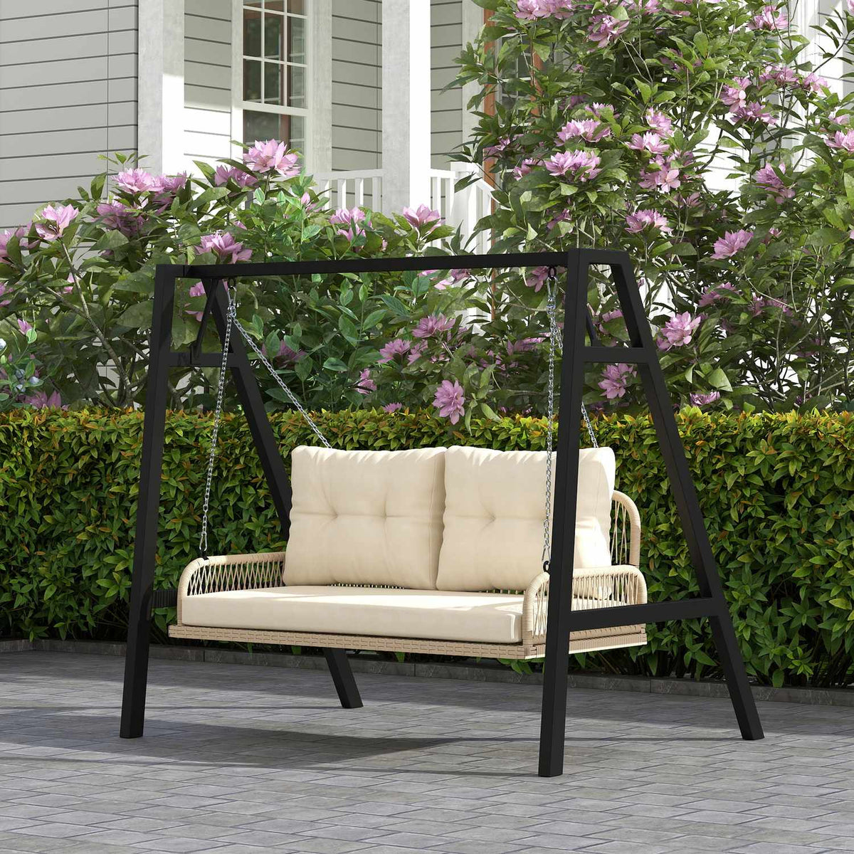 Hollywood swing 2-seater rattan garden swing with cushions chains hanging bench can hold up to 240 kg hanging swing swing bench garden bench for garden balcony 115 x 66 x 44 cm beige