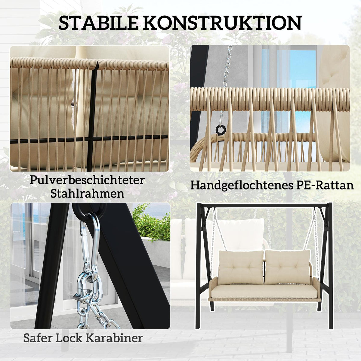 Hollywood swing 2-seater rattan garden swing with cushions chains hanging bench can hold up to 240 kg hanging swing swing bench garden bench for garden balcony 115 x 66 x 44 cm beige
