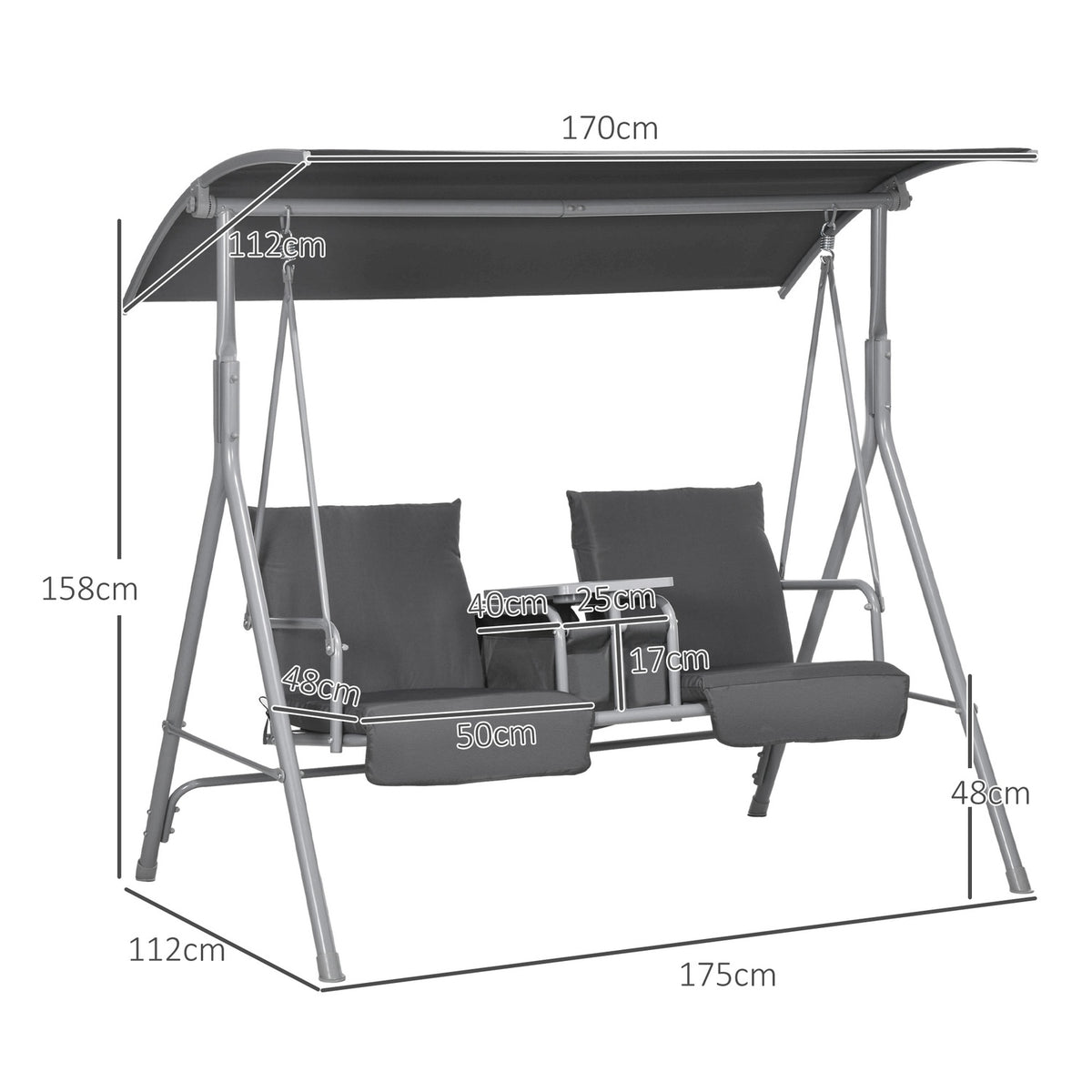Hollywood swing 2-seater swing bench with canopy, bag, garden swing with tray, load capacity up to 180 kg, for garden, balcony, black