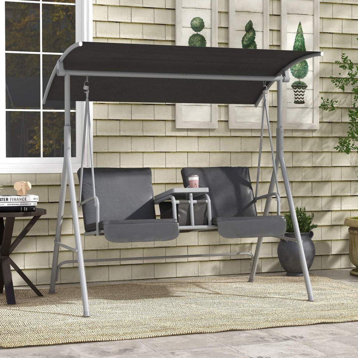 Hollywood swing 2-seater swing bench with canopy, bag, garden swing with tray, load capacity up to 180 kg, for garden, balcony, black