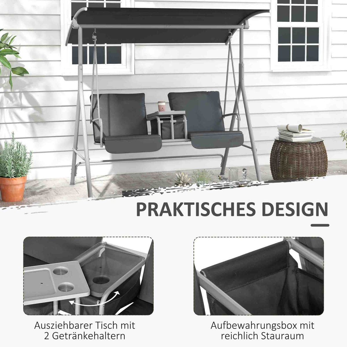 Hollywood swing 2-seater swing bench with canopy, bag, garden swing with tray, load capacity up to 180 kg, for garden, balcony, black