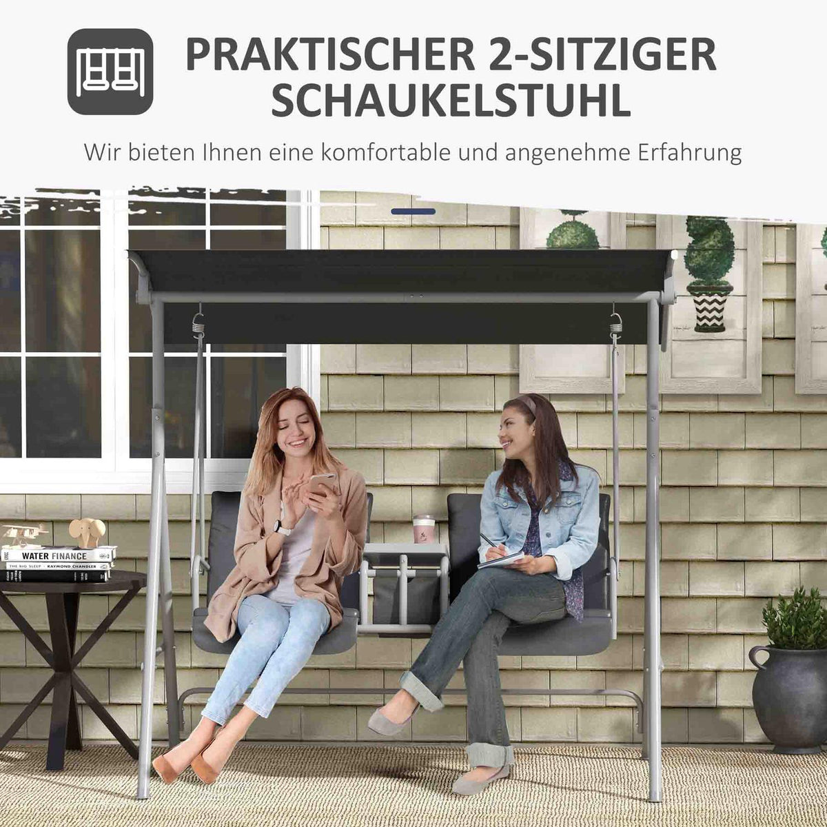 Hollywood swing 2-seater swing bench with canopy, bag, garden swing with tray, load capacity up to 180 kg, for garden, balcony, black