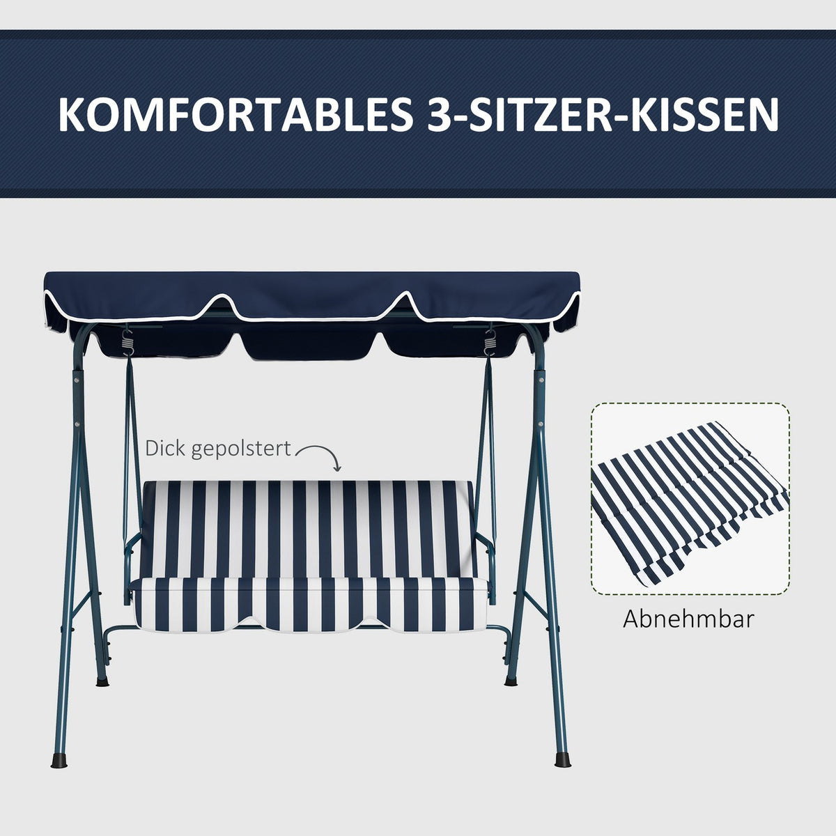 Hollywood swing 3-seater garden swing with adjustable roof, water-repellent swing bench can hold up to 240 kg, for garden, balcony, mesh, blue