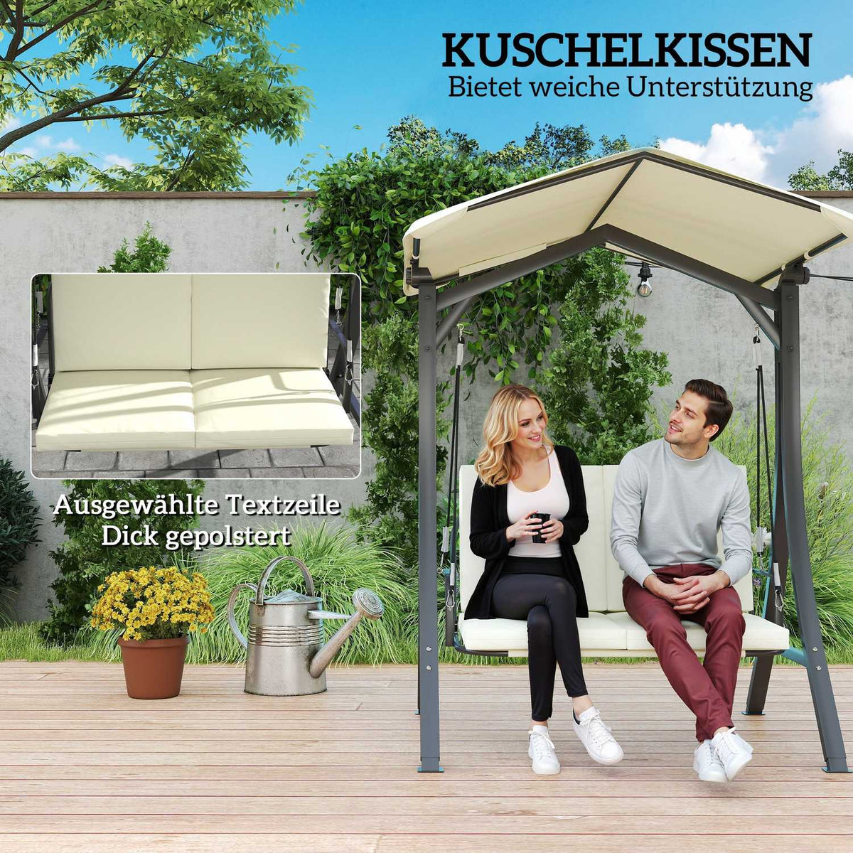 Hollywood swing with adjustable sun canopy seat cover, protective cover 2-seater garden swing loadable up to 220kg, UV 30+ swing bench for garden, terrace, 150x120x182cm, cream white