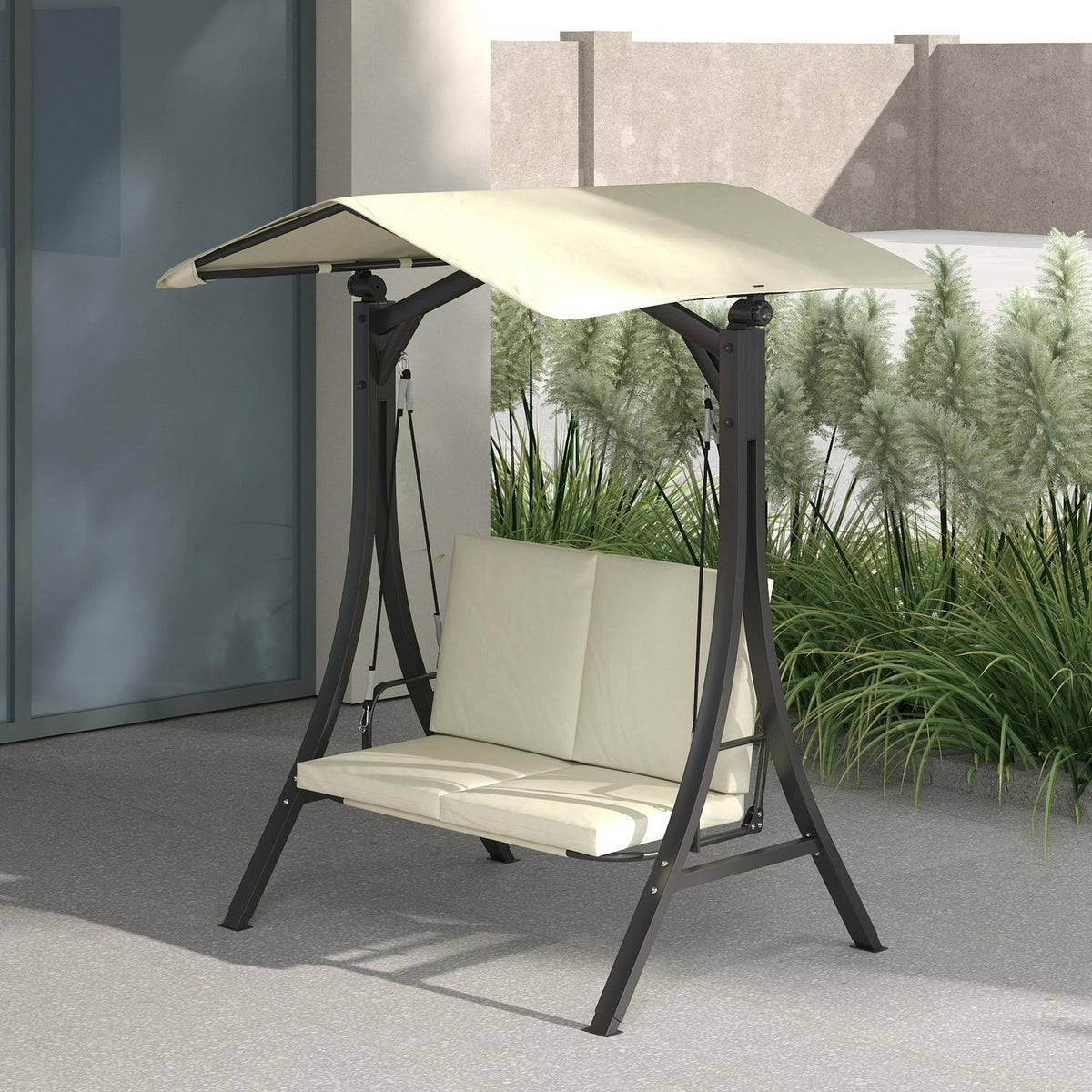 Hollywood swing with adjustable sun canopy seat cover, protective cover 2-seater garden swing loadable up to 220kg, UV 30+ swing bench for garden, terrace, 150x120x182cm, cream white