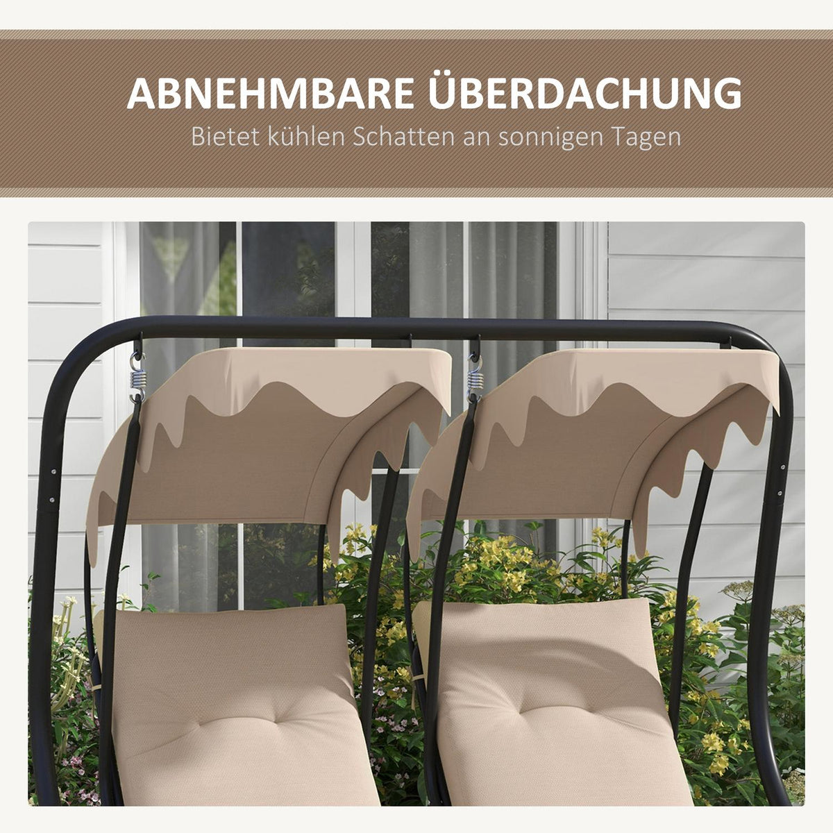 Hollywood swing with cup holder and seat cushion, 2-seater garden swing with sun canopy, swing bench loads up to 220 kg, garden lounger for garden, terrace, 170 x 136 x 170 cm, beige