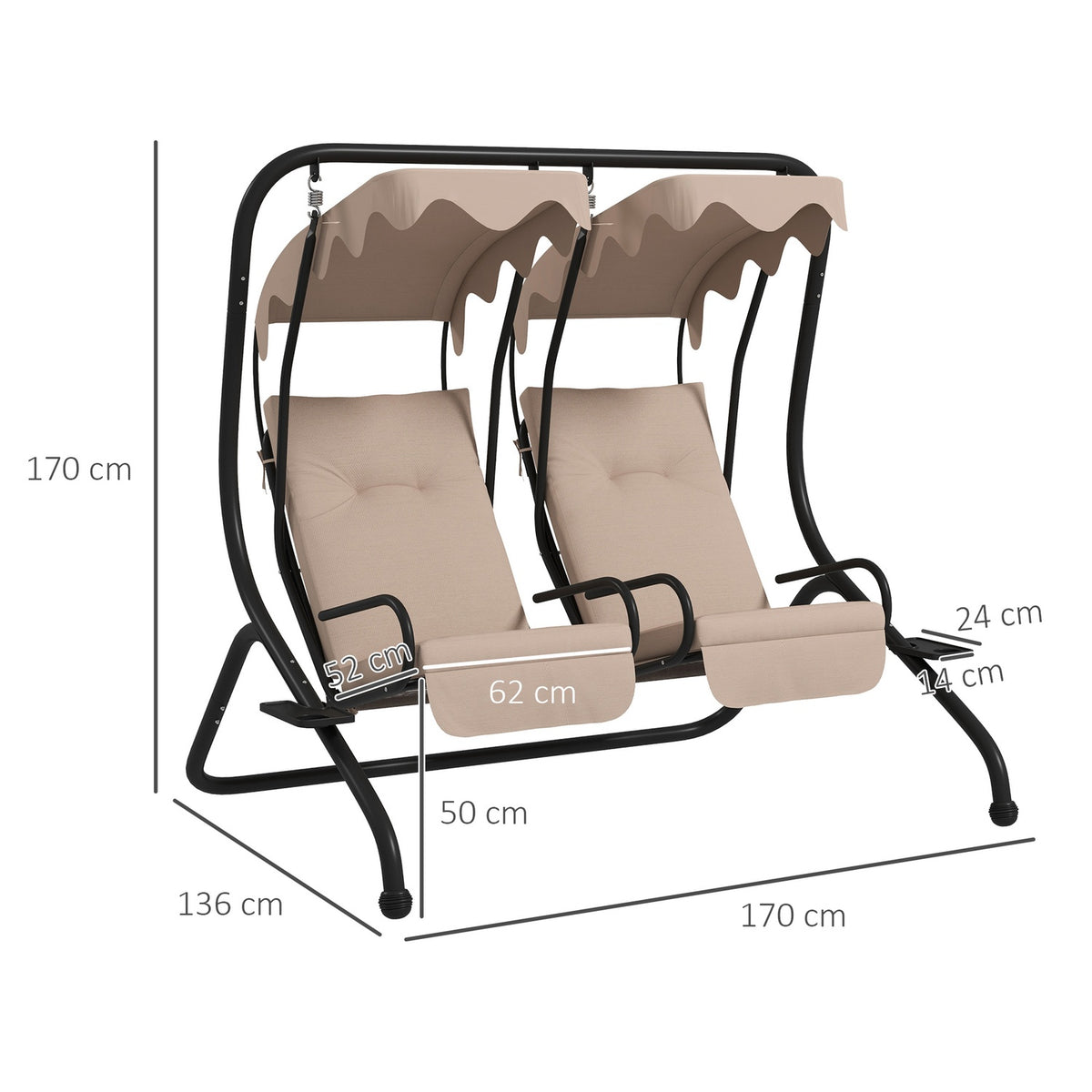 Hollywood swing with cup holder and seat cushion, 2-seater garden swing with sun canopy, swing bench loads up to 220 kg, garden lounger for garden, terrace, 170 x 136 x 170 cm, beige