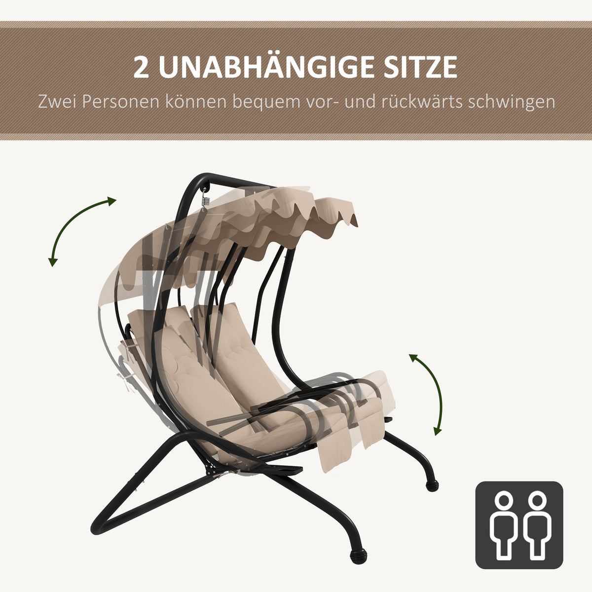Hollywood swing with cup holder and seat cushion, 2-seater garden swing with sun canopy, swing bench loads up to 220 kg, garden lounger for garden, terrace, 170 x 136 x 170 cm, beige