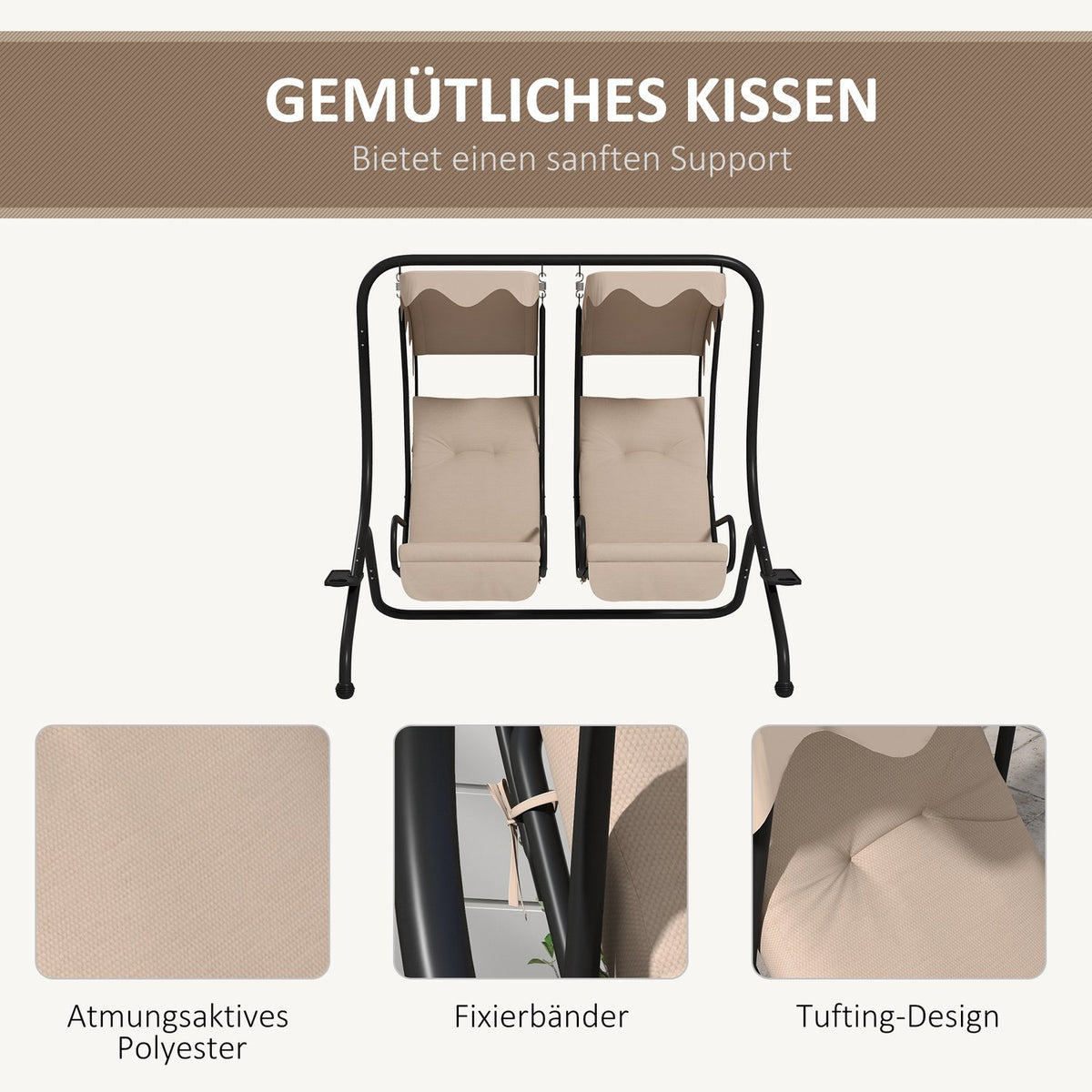 Hollywood swing with cup holder and seat cushion, 2-seater garden swing with sun canopy, swing bench loads up to 220 kg, garden lounger for garden, terrace, 170 x 136 x 170 cm, beige