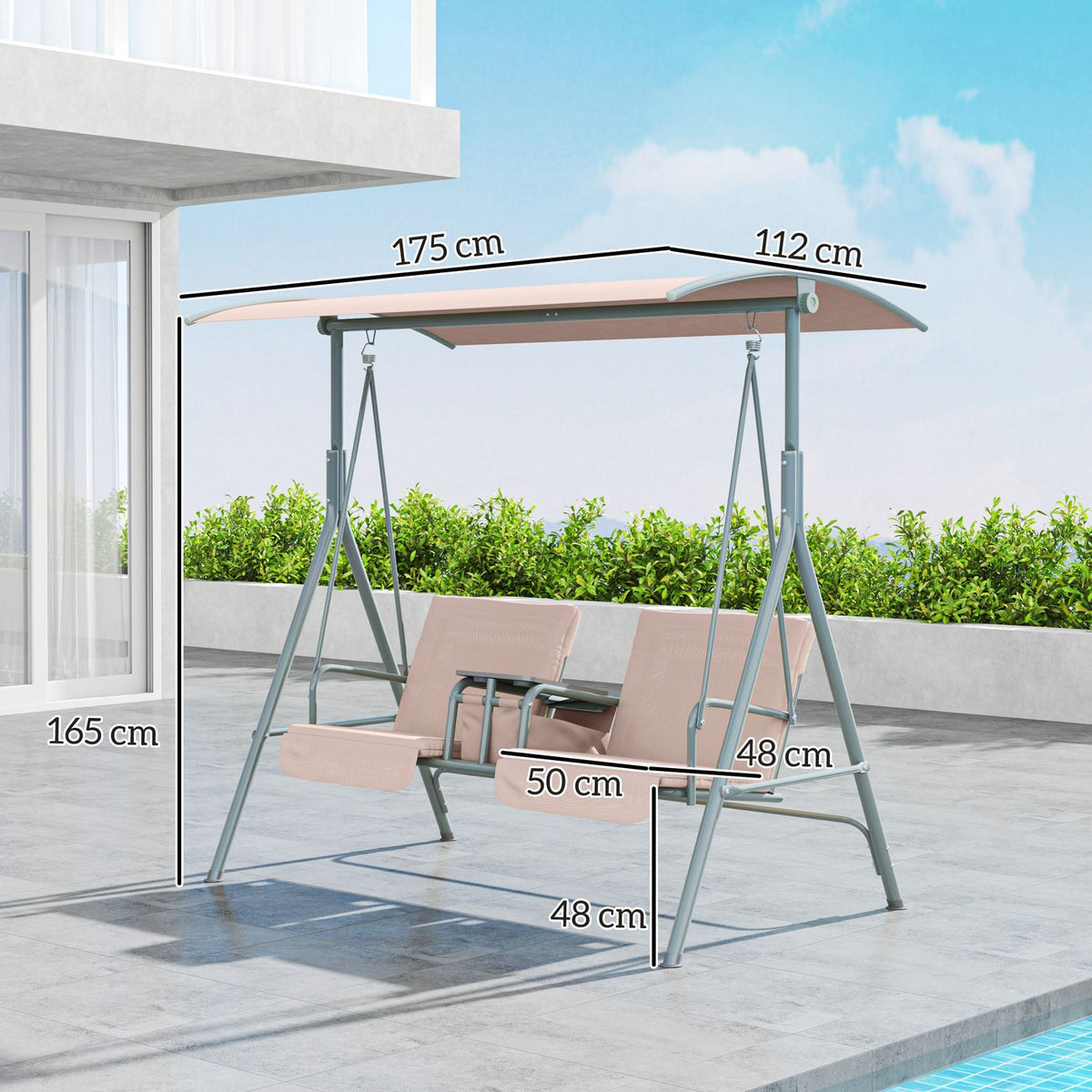 Hollywood swing with cup holder and side pocket, 2-seater garden swing with sun canopy, swing bench loads up to 180 kg, garden lounger for garden, terrace, 175 x 112 x 165 cm, beige
