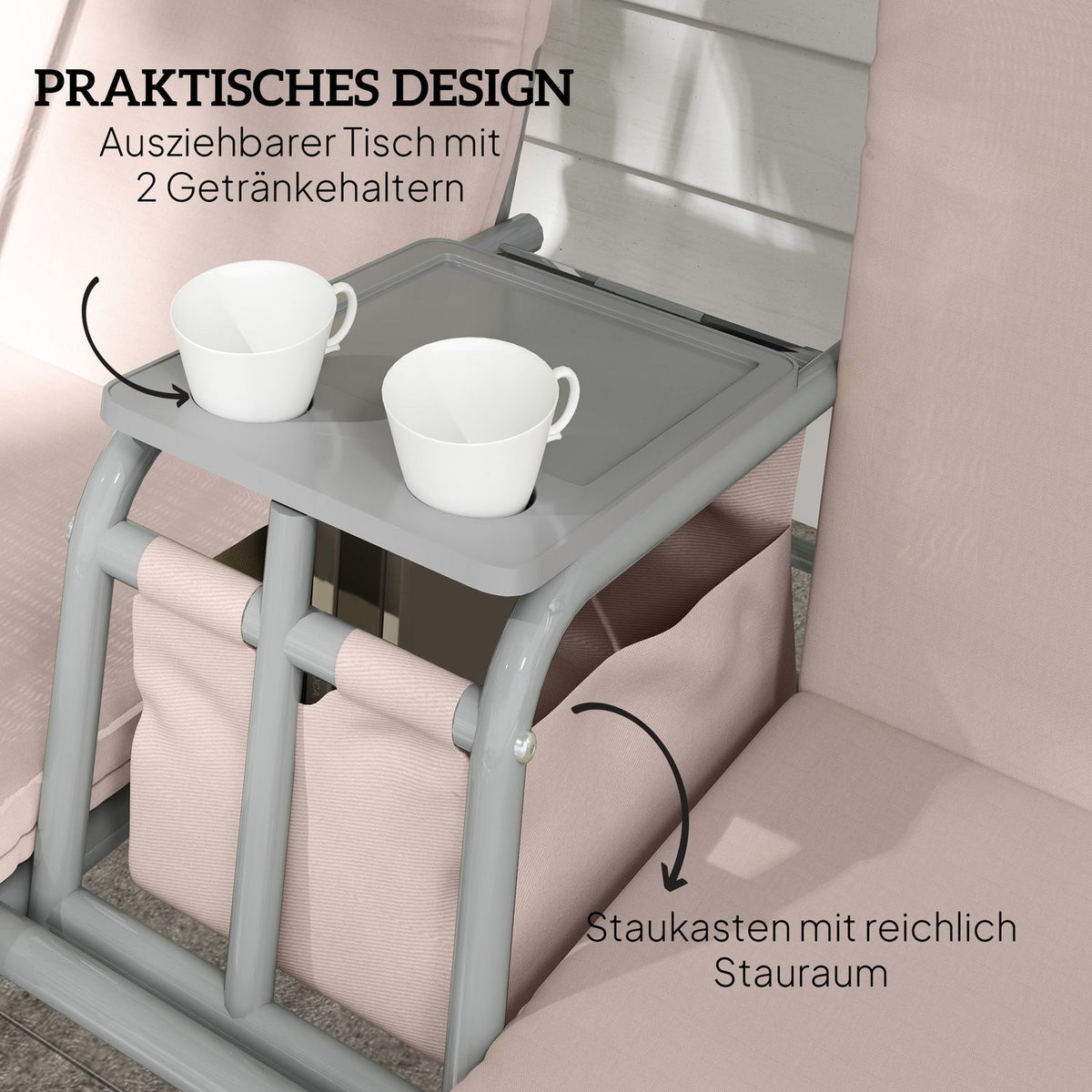 Hollywood swing with cup holder and side pocket, 2-seater garden swing with sun canopy, swing bench loads up to 180 kg, garden lounger for garden, terrace, 175 x 112 x 165 cm, beige