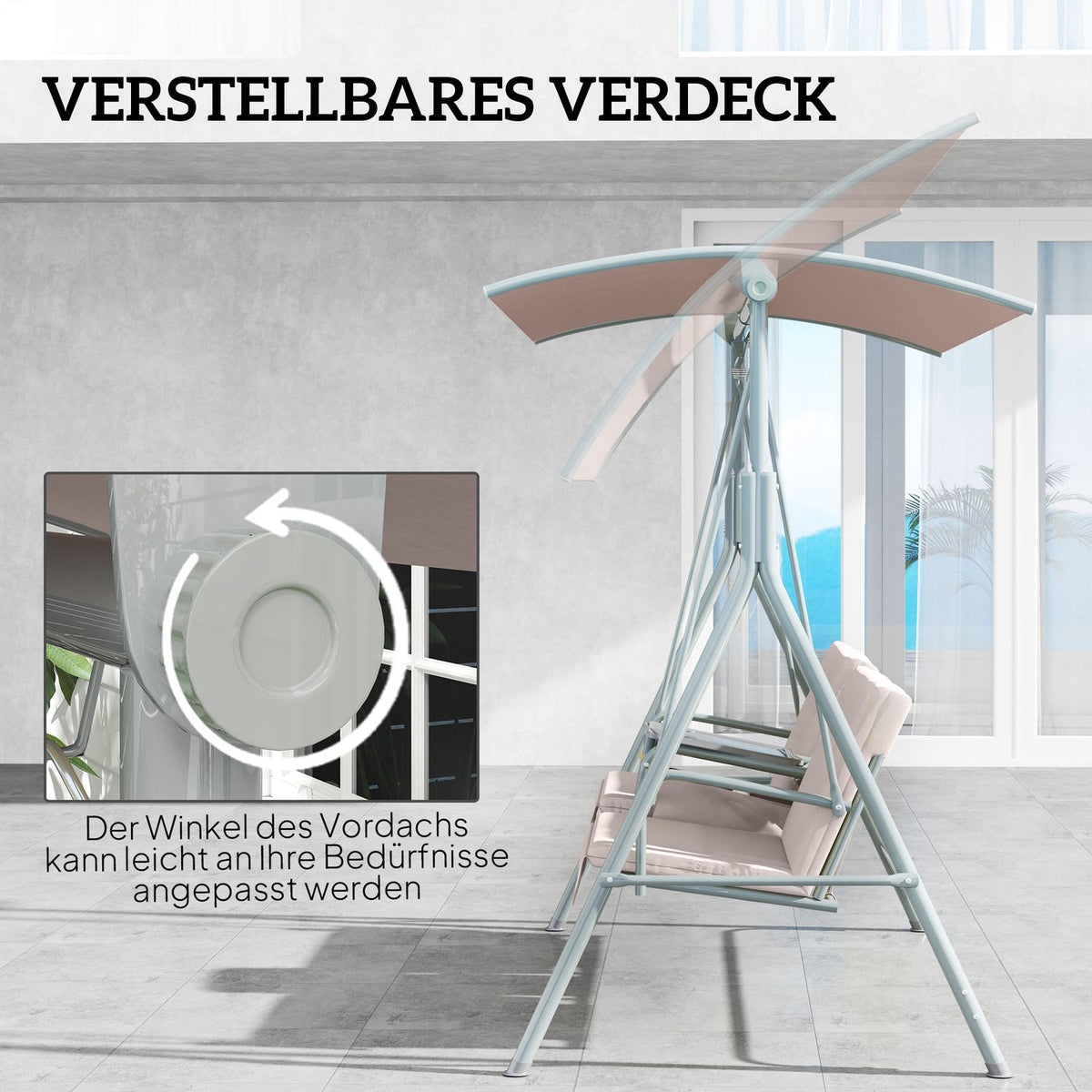 Hollywood swing with cup holder and side pocket, 2-seater garden swing with sun canopy, swing bench loads up to 180 kg, garden lounger for garden, terrace, 175 x 112 x 165 cm, beige
