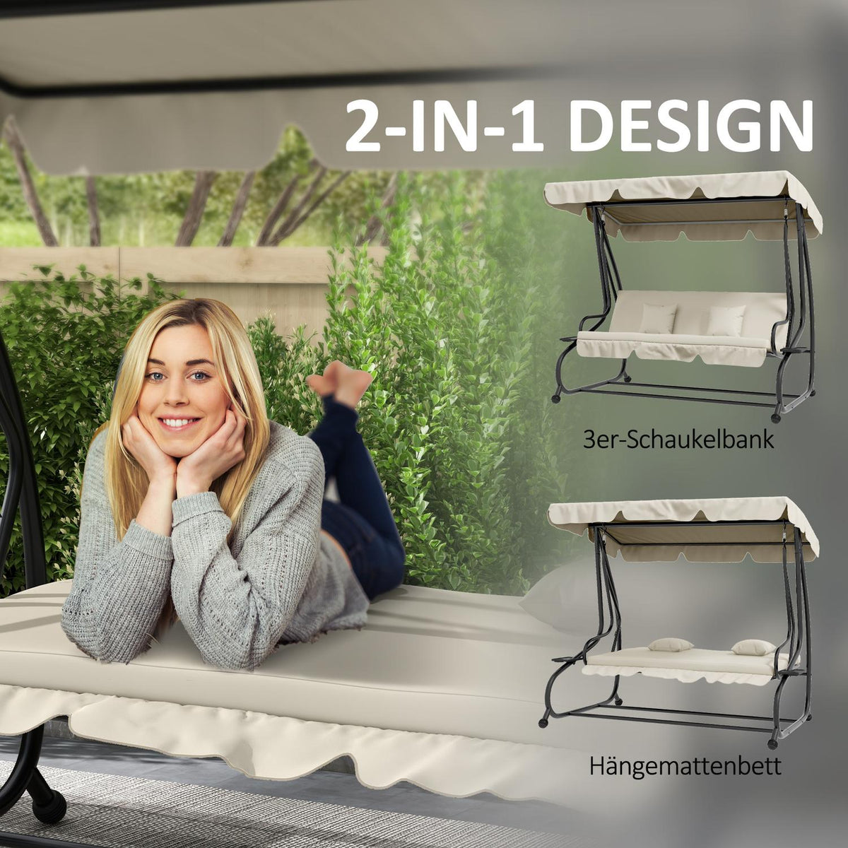 Hollywood swing with reclining function, 3-seater garden swing with adjustable roof, side table, water-repellent swing bench can hold up to 340kg, for garden, 200x120x164cm, cream white