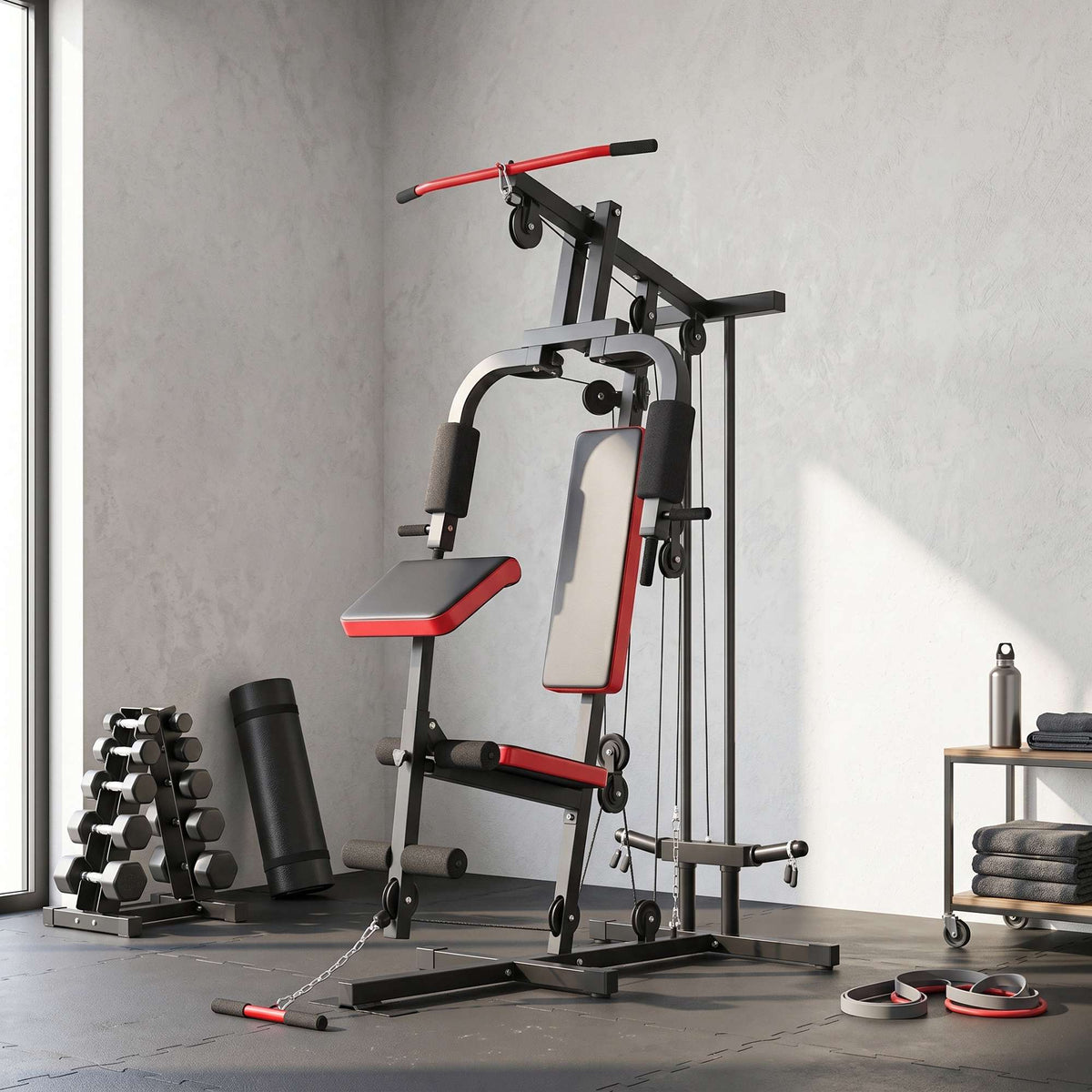 Home Gym Station with Lat Pull, Adjustable Preacher Bench