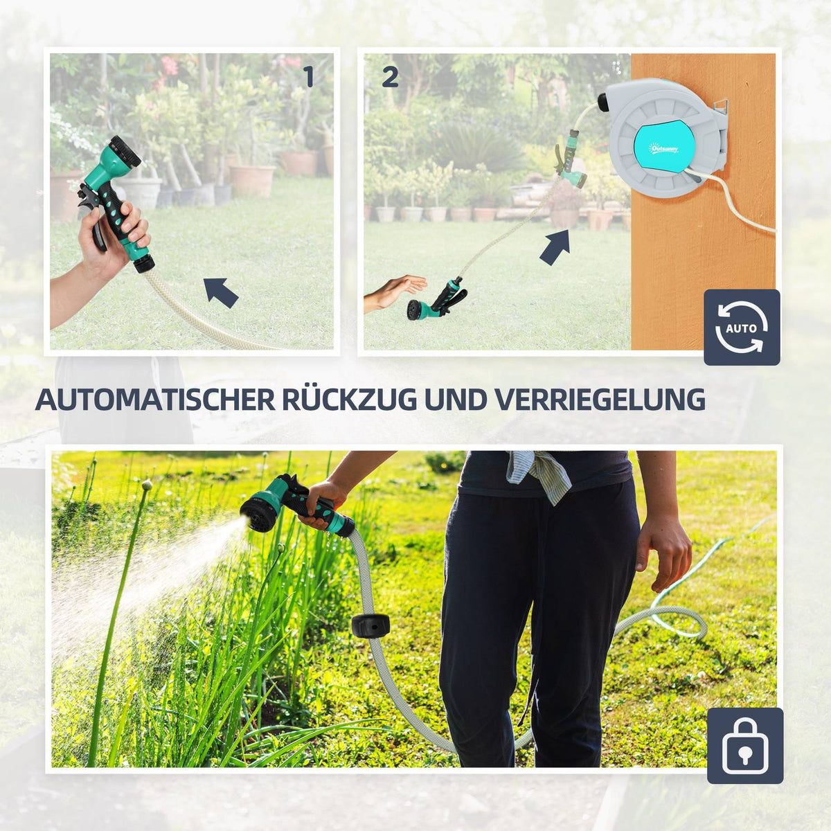 Hose reel with garden hose 20m, 180° swivel hose box, hose reel for wall mounting, water hose reel with automatic rewind, 7-function hand shower, gray