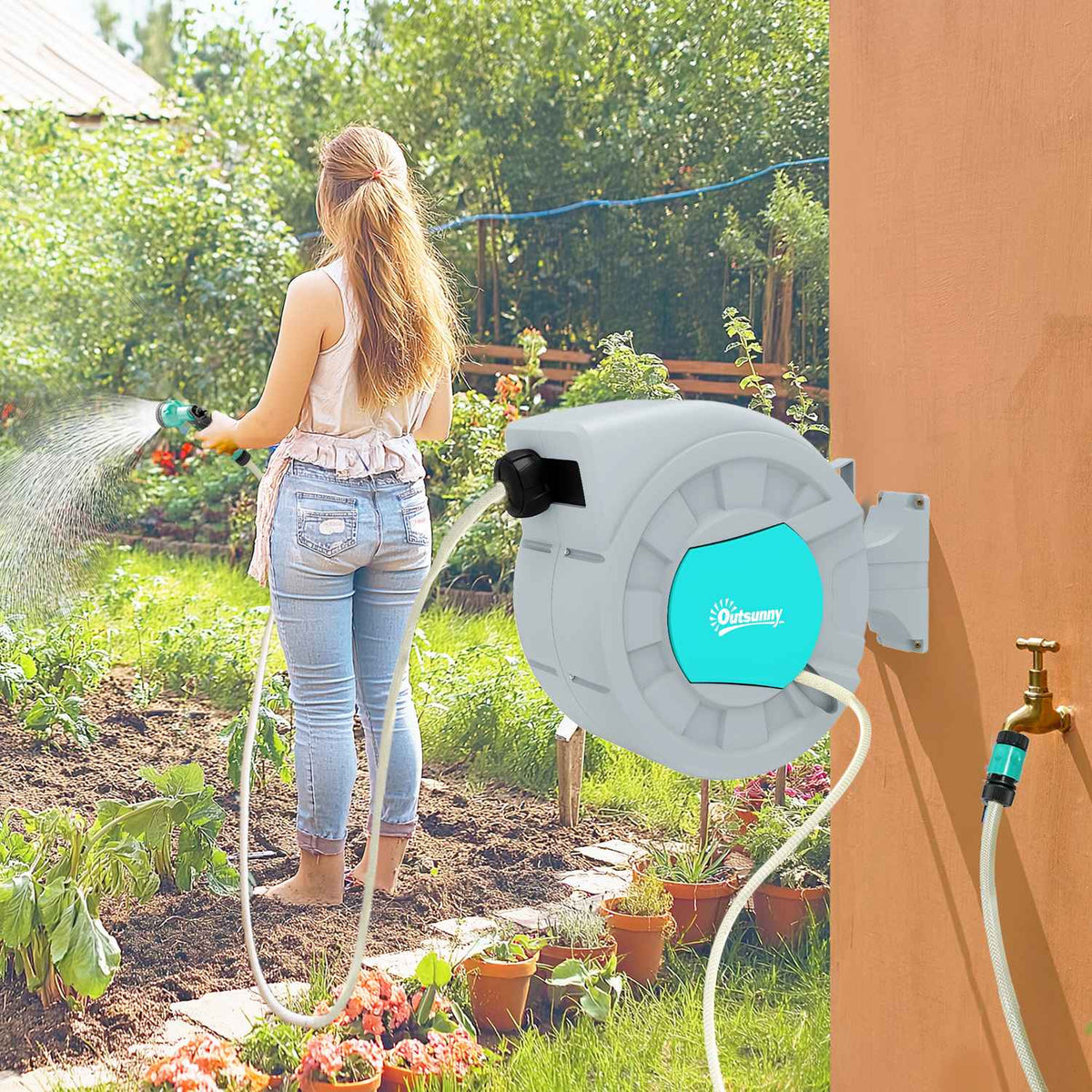Hose reel with garden hose 20m, 180° swivel hose box, hose reel for wall mounting, water hose reel with automatic rewind, 7-function hand shower, gray