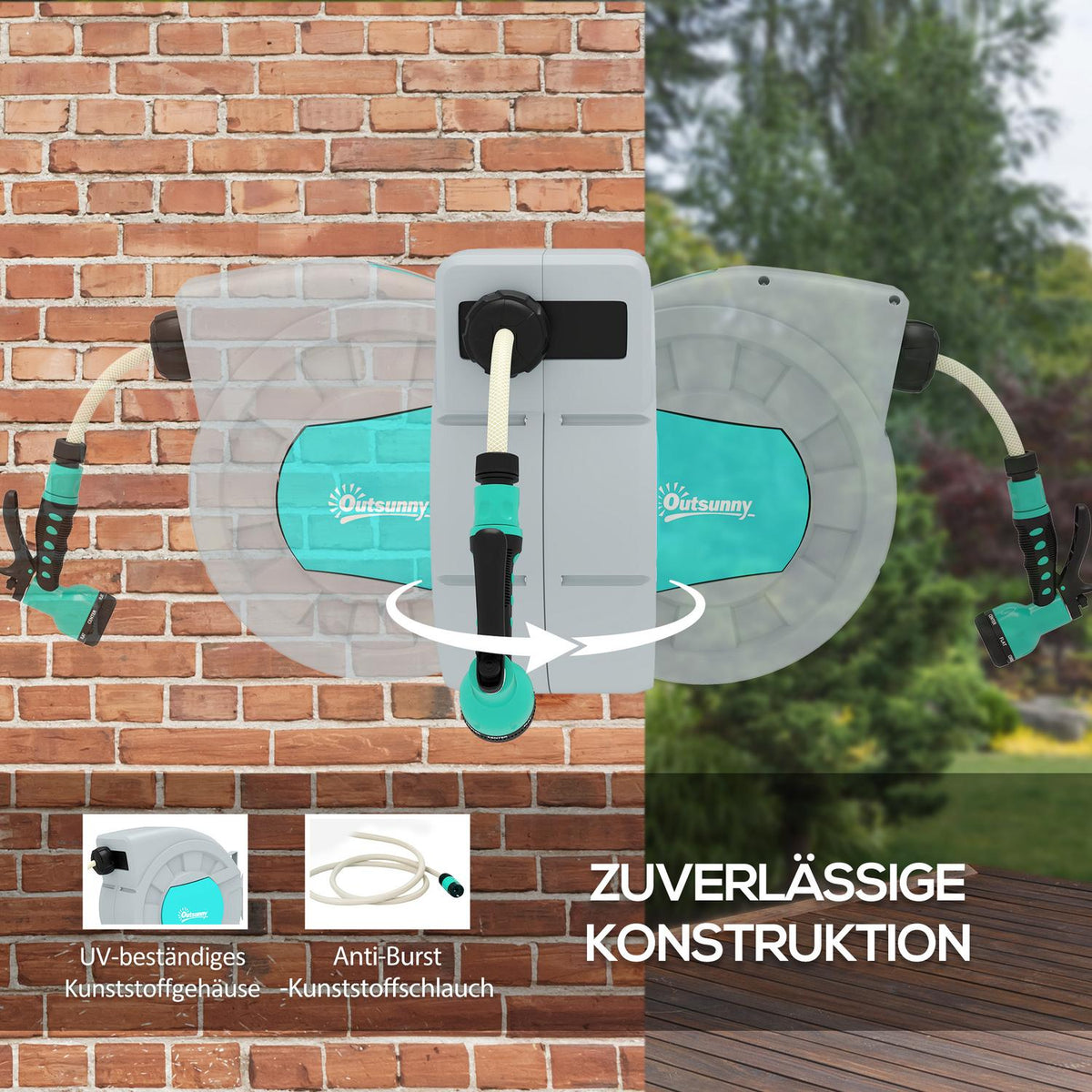 Hose reel with garden hose 30m, 180° swivel hose box, hose reel for wall mounting, water hose reel with automatic rewind, 7-function hand shower, green + gray