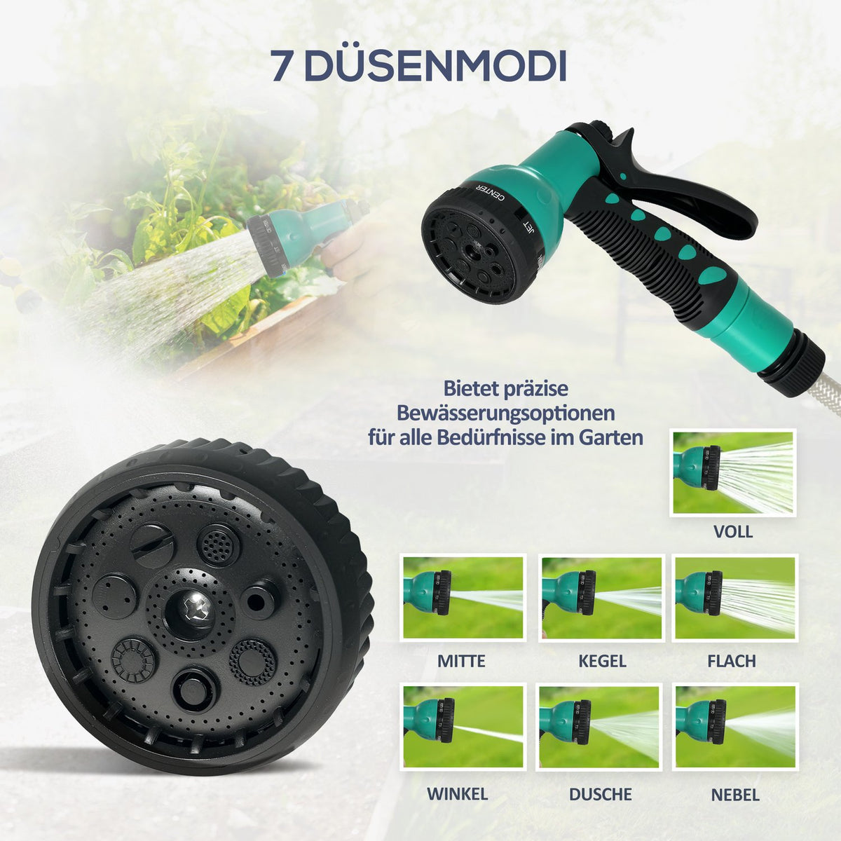 Hose reel with garden hose 30m, 180° swivel hose box, hose reel for wall mounting, water hose reel with automatic rewind, 7-function hand shower, green + gray