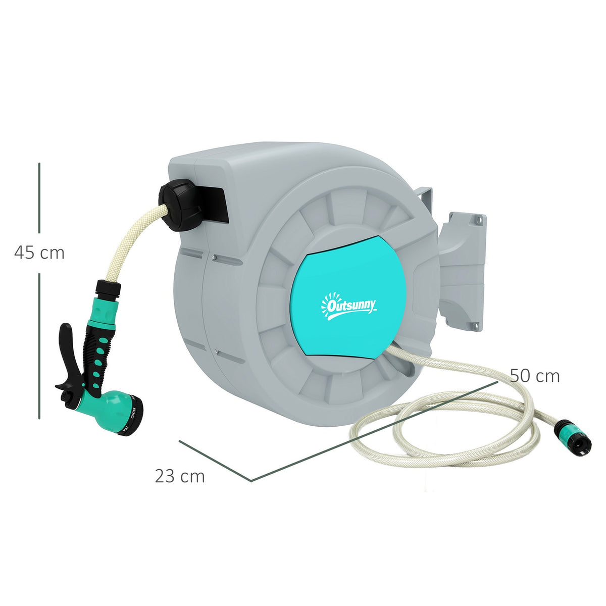 Hose reel with garden hose 30m, 180° swivel hose box, hose reel for wall mounting, water hose reel with automatic rewind, 7-function hand shower, green + gray