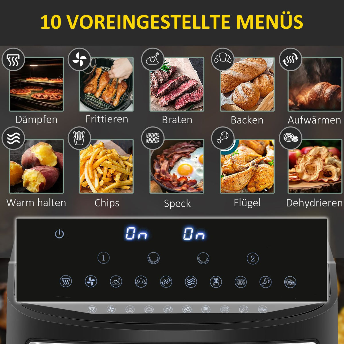 Hot Air Fryer 8L Deep Fryer With Double Chamber, Air Fryer With 10 Programs, 2400 W Air Fryer With Touchscreen, Recipe, Without Oil, Black