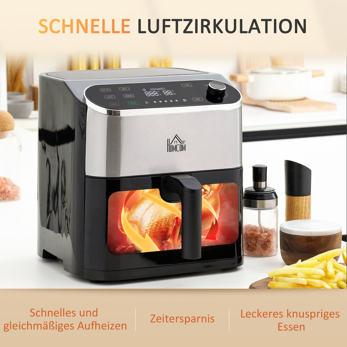 Hot Air Fryer Airfryer With Touchscreen 6.5 L 1350 W 4 In 1 Design Deep Fryer With Timer, Viewing Window, Non-Stick Basket And Overheating Protection