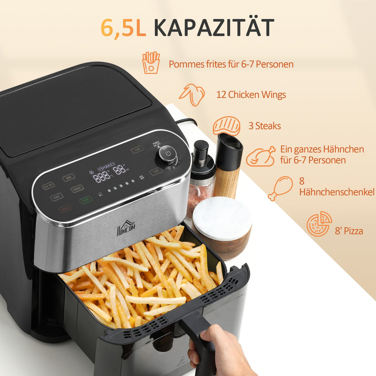 Hot Air Fryer Airfryer With Touchscreen 6.5 L 1350 W 4 In 1 Design Deep Fryer With Timer, Viewing Window, Non-Stick Basket And Overheating Protection