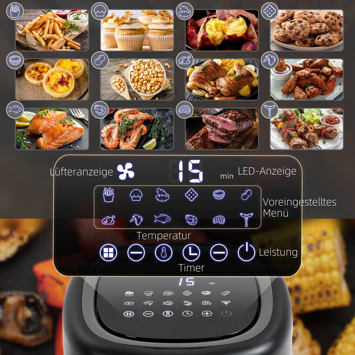 Hot Air Fryer Oil-Free Cooking, 12 Programs, Led Display, Non-Stick Basket, 3L, 1300W, Black, 29.5X23.8X30.3Cm