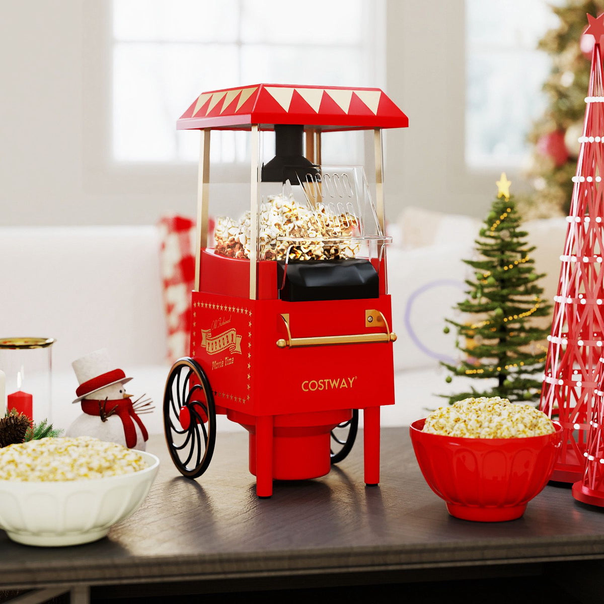 Hot Air Popcorn Maker 1200W, Oil-Free, Retro Red