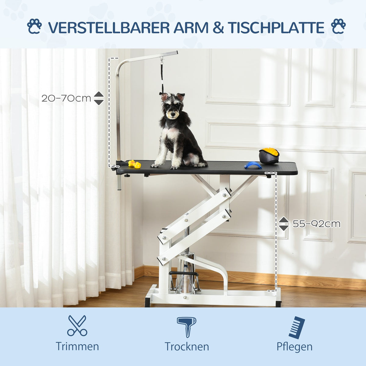 Hydraulic trimming table, shearing table including gallows, dog grooming