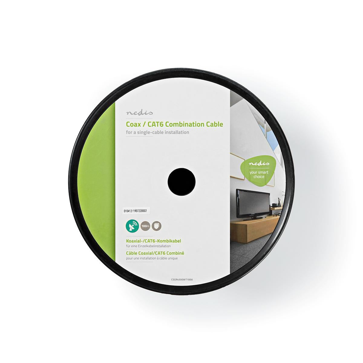 IEC (Coax) CAT6 Combi Cable on reel | RG58 | 75 Ohm | Double Shielded | ECA | 100.0 m | Round | White | Reel