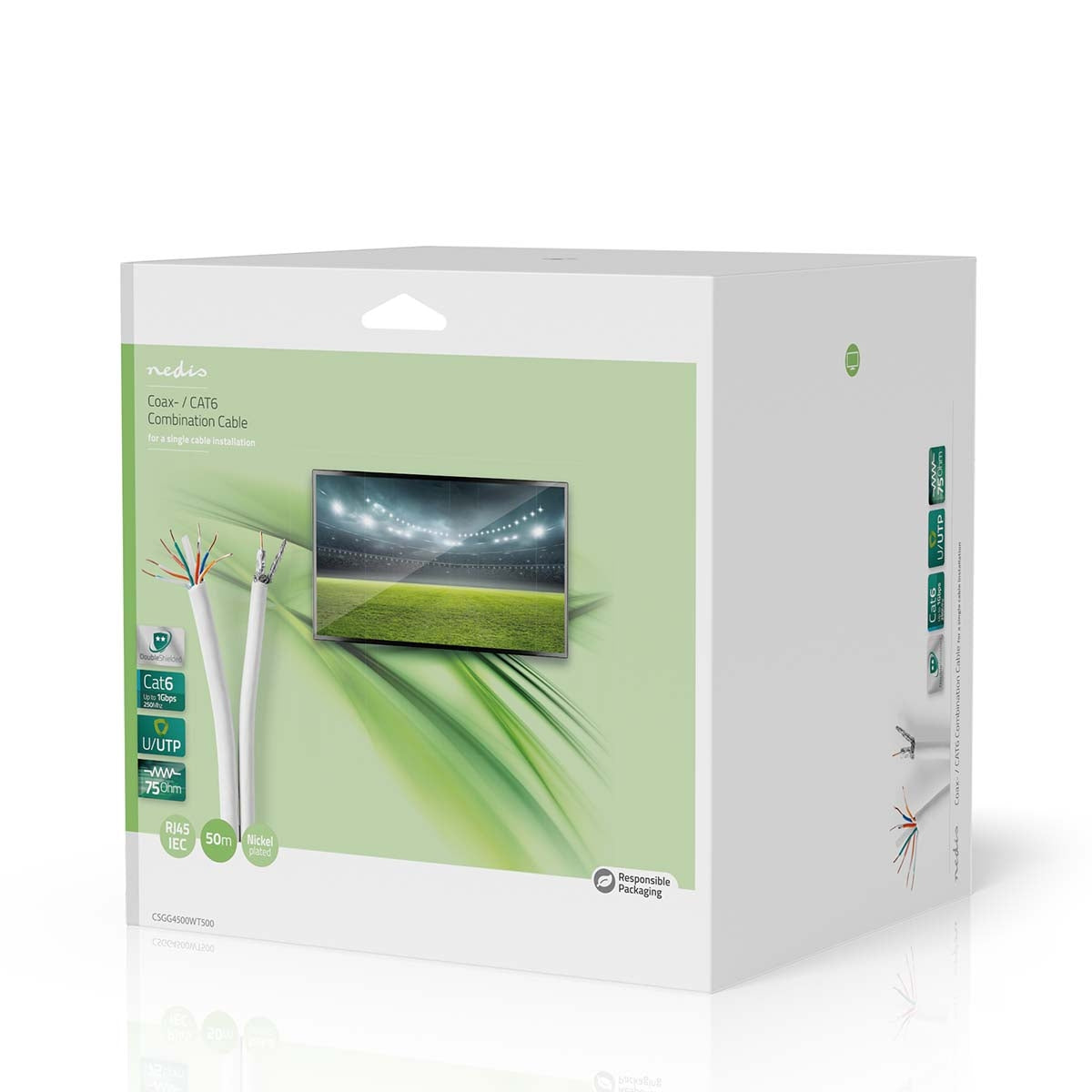 IEC (Coax) CAT6 Combi Cable on reel | RG58 | 75 Ohm | Double Shielded | ECA | 50.0 m | Round | White | Gift Box