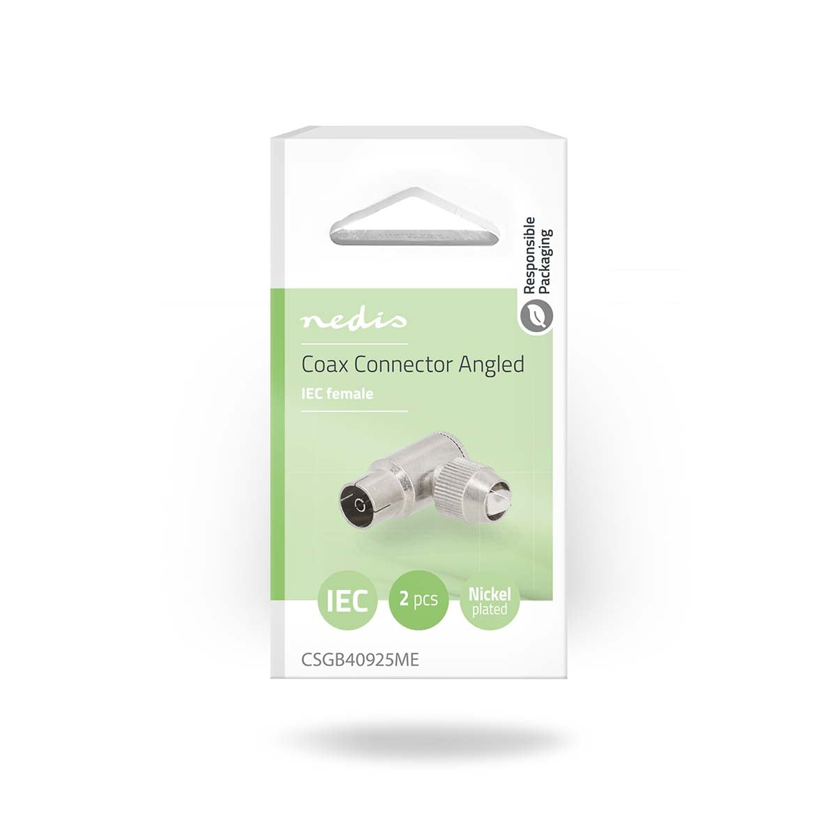 IEC (Coax) Connector | Angled 90° | Female | Nickel Plated | 75 Ohm | Screw | Cable input diameter: 7.0 mm | Metal | Silver | 2 pcs | Gift Box with Euro Lock
