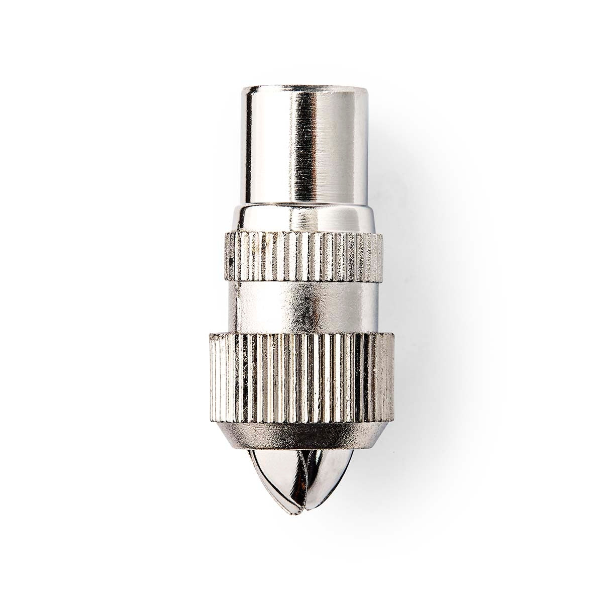 IEC (Coax) Connector | Straight | Female | Nickel Plated | 75 Ohm | Screw | Cable input diameter: 7.0 mm | Metal | Silver | 2 pcs | Box