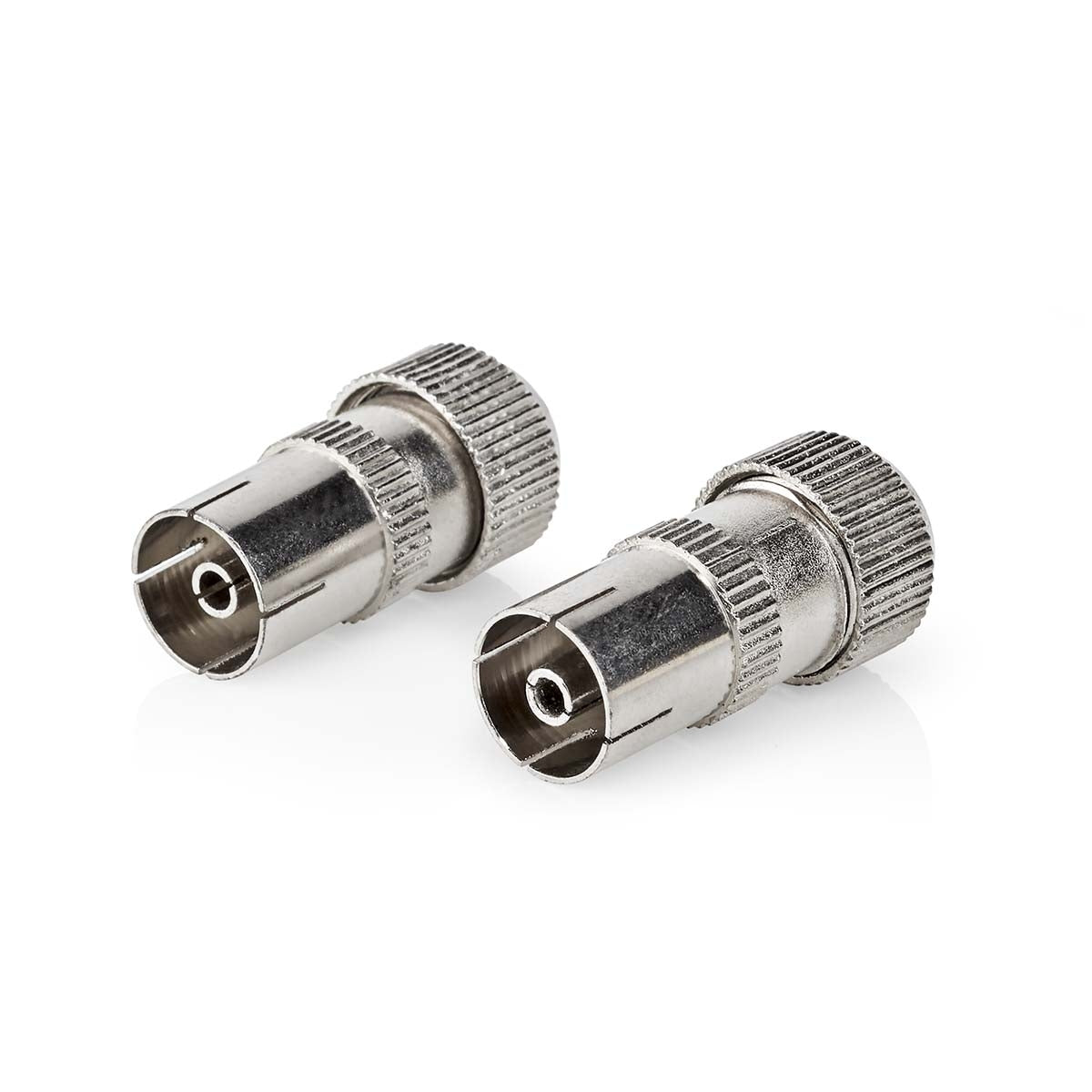 IEC (Coax) Connector | Straight | Female | Nickel Plated | 75 Ohm | Screw | Cable input diameter: 7.0 mm | Metal | Silver | 2 pcs | Box