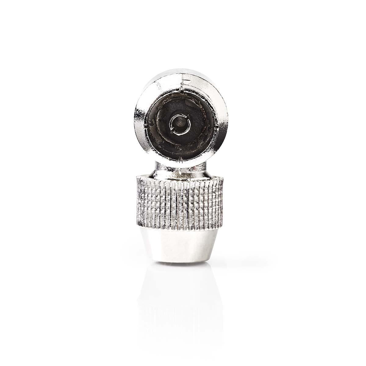 IEC (coax) | Angled | Female | Nickel Plated | 75 Ohm | Screw | Cable input diameter: 7.0 mm | Metal | Silver | 2 pcs. | Plastic bag