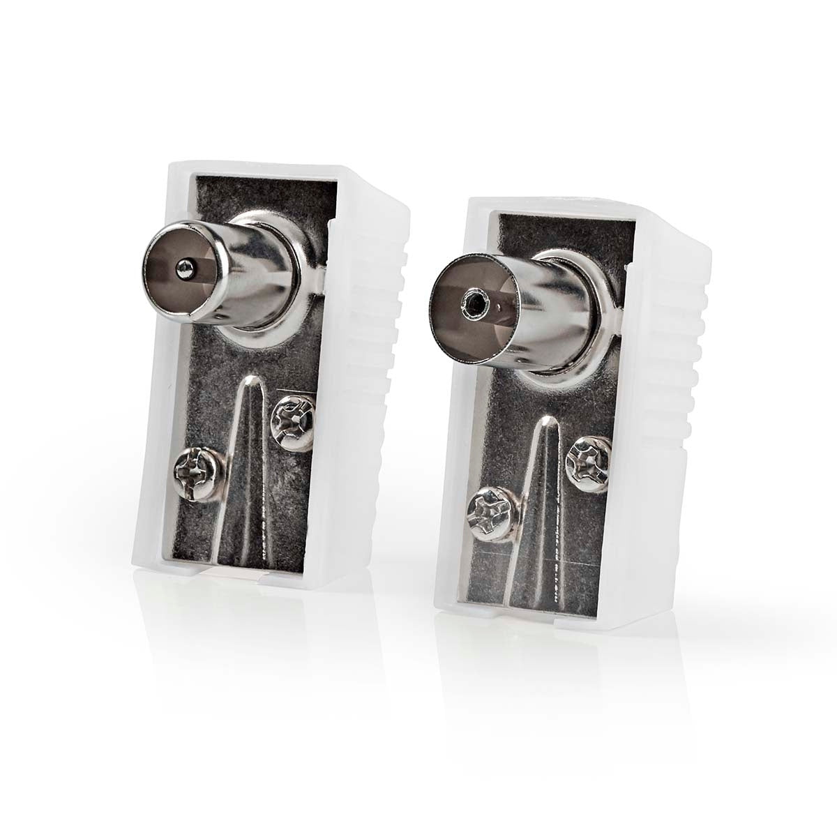 IEC (coax) | Angled | Male / Female | Nickel Plated | 75 Ohm | Screw | Cable input diameter: 7.0 mm | Metal / PVC | White | 2 pcs. | Box